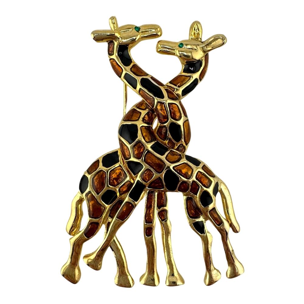 African Giraffes Amber Black Enamel Green Crystal Eyes Gold Tone 3”x1.5” Brooch